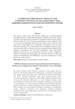 A Christian Printer on Trial in the Tanzimat Council of Selanik, Early 1850S: Kiriakos Darzilovitis and His Seditious Books