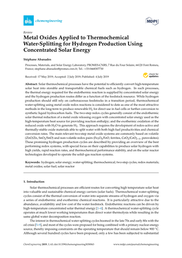 Metal Oxides Applied to Thermochemical Water-Splitting for Hydrogen Production Using Concentrated Solar Energy