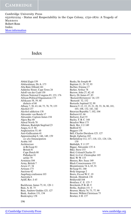 Status and Respectability in the Cape Colony, 1750-1870: a Tragedy of Manners Robert Ross Index More Information