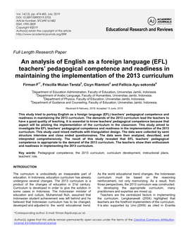 (EFL) Teachers' Pedagogical Competence and Readiness