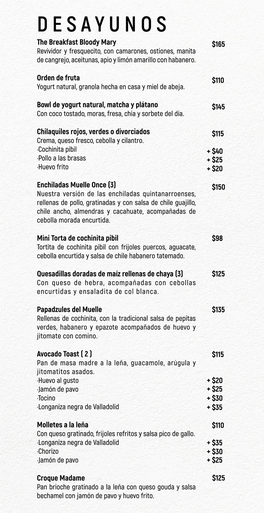 DESAYUNOS the Breakfast Bloody Mary $165 Revividor Y Fresquecito, Con Camarones, Ostiones, Manita De Cangrejo, Aceitunas, Apio Y Limón Amarillo Con Habanero