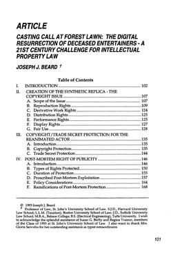 Article Casting Call at Forest Lawn: the Digital Resurrection of Deceased Entertainers - a 21St Century Challenge for Intellectual Property La W Joseph J