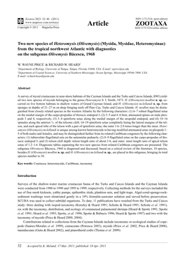 Two New Species of Heteromysis (Olivemysis) (Mysida, Mysidae