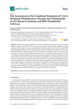 The Assessment of the Combined Treatment of 5-ALA Mediated Photodynamic Therapy and Thalidomide on 4T1 Breast Carcinoma and 2H11 Endothelial Cell Line