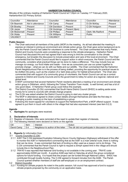 February 2020 Harberton Parish Council Ordinary Meeting Minutes