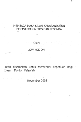 Membaca Masa Silam Kadazandusun Berasaskan Mitos Dan Legenda