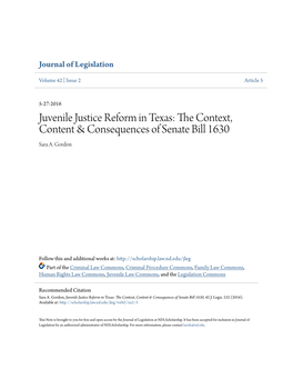 Juvenile Justice Reform in Texas: the Onc Text, Content & Consequences of Senate Bill 1630 Sara A