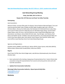 Lake Networking Group Meeting: Nov 3/17, 9:30 A.M