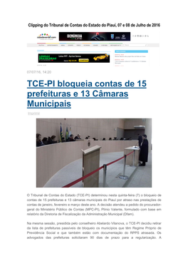 TCE-PI Bloqueia Contas De 15 Prefeituras E 13 Câmaras Municipais Imprimir