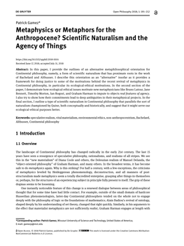 Metaphysics Or Metaphors for the Anthropocene? Scientific Naturalism and the Agency of Things