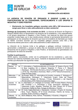 La Axencia De Doazón De Órganos E Sangue Llama a La Participación De La Ciudadanía, Especialmente a Los Grupos a Negativo Y Cero Positivo