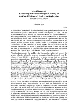 Joint Statement Reinforcing Multilateralism Together Building on the United Nations 75Th Anniversary Declaration Madrid, November 10Th 2020