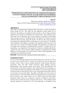 Traditional Cloth Weaving As a Means of Earning a Living Among the Tiv: a Case Study of Vandeikya Local Government Area of Benue State