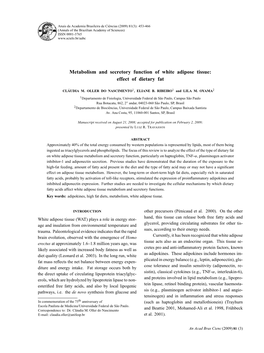 Metabolism and Secretory Function of White Adipose Tissue: Effect of Dietary Fat