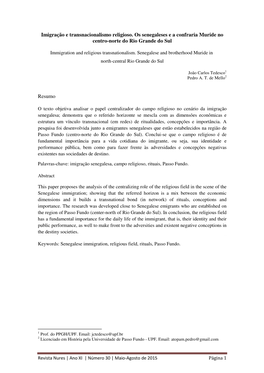 Imigração E Transnacionalismo Religioso. Os Senegaleses E a Confraria Muride No Centro-Norte Do Rio Grande Do Sul