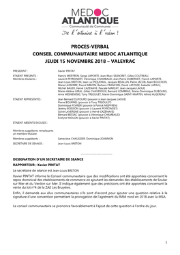 Proces-Verbal Conseil Communautaire Medoc Atlantique Jeudi 15 Novembre 2018 – Valeyrac