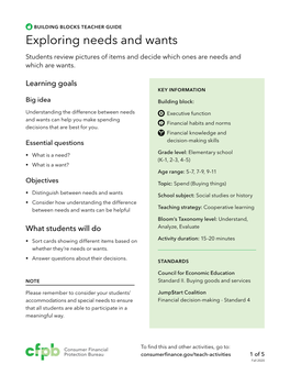 Exploring Needs and Wants Students Review Pictures of Items and Decide Which Ones Are Needs and Which Are Wants