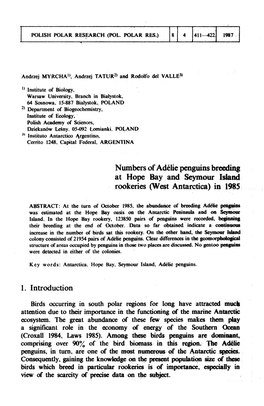 Numbers of Adelie Penguins Breeding at Hope Bay and Seymour Island Rookeries (West Antarctica) in 1985