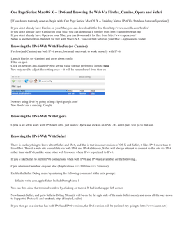 One Page Series: Mac OS X -- Ipv6 and Browsing the Web Via Firefox, Camino, Opera and Safari