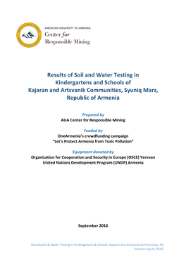 Results of Soil and Water Testing in Kindergartens and Schools of Kajaran and Artsvanik Communities, Syuniq Marz, Republic of Armenia