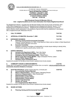 Kailua Neighborhood Board No. 31 Regular Meeting Agenda Thursday, January 4, 2007 Page 2
