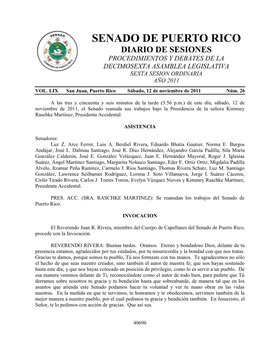 Senado De Puerto Rico Diario De Sesiones Procedimientos Y Debates De La Decimosexta Asamblea Legislativa Sexta Sesion Ordinaria Año 2011 Vol