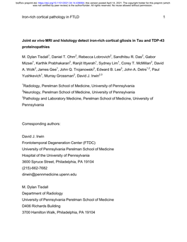 Joint Ex Vivo MRI and Histology Detect Iron-Rich Cortical Gliosis in Tau and TDP-43 Proteinopathies