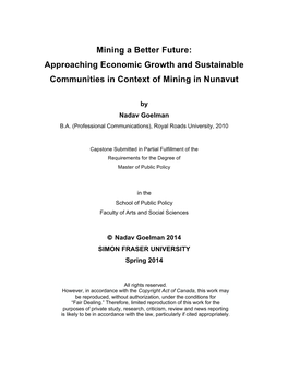 Approaching Economic Growth and Sustainable Communities in Context of Mining in Nunavut