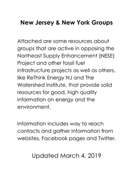 New Jersey & New York Groups Updated March 4, 2019