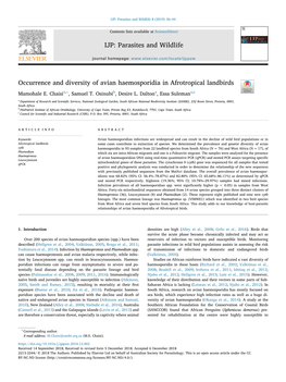 Occurrence and Diversity of Avian Haemosporidia in Afrotropical Landbirds T ∗ Mamohale E