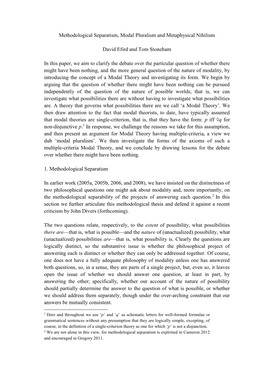 Methodological Separatism, Modal Pluralism and Metaphysical Nihilism David Efird and Tom Stoneham in This Paper, We Aim to Clari