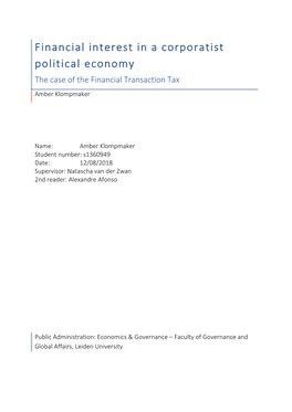 Financial Interest in a Corporatist Political Economy the Case of the Financial Transaction Tax Amber Klompmaker