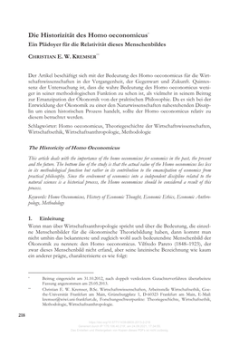 Die Historizität Des Homo Oeconomicus* Ein Plädoyer Für Die Relativität Dieses Menschenbildes