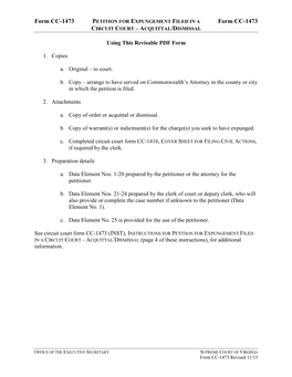 PETITION for EXPUNGEMENT FILED in a CIRCUIT COURT – ACQUITTAL/DISMISSAL (Page 4 of These Instructions), for Additional Information