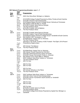 SEC Network Programming Schedule: June 1 – 7 Date Time