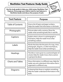 Nonfiction Text Features Study Guide Text Feature Purpose