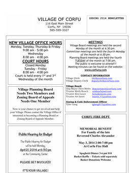 SPRING 2014 NEWSLETTER 116 East Main Street Corfu, NY 14036 585-599-3327