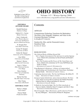 OHIO HISTORY Etablished in June 1887 As the Ohio Archaeological Volume 113 / Winter-Spring 2004 and Historical Quarterly