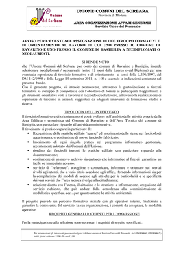 UNIONE COMUNI DEL SORBARA Provincia Di Modena