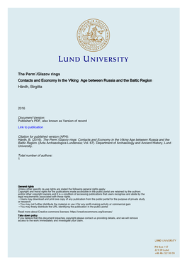 The Perm´/Glazov Rings Contacts and Economy in the Viking Age Between Russia and the Baltic Region Hårdh, Birgitta