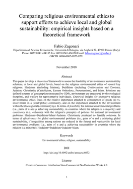 Comparing Religious Environmental Ethicsto Support Efforts to Achieve Local and Global Sustainability