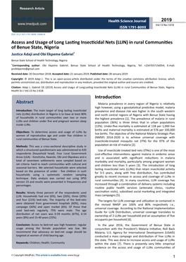 Access and Usage of Long Lasting Insecticidal Nets (LLIN) in Rural Communities of Benue State, Nigeria Justice Adaji and Obi Ekpeme Gabriel*