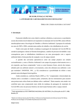 De Suor, Fumaça E Munha: a Atividade De Carvoejamento Em Curvelo/Mg1