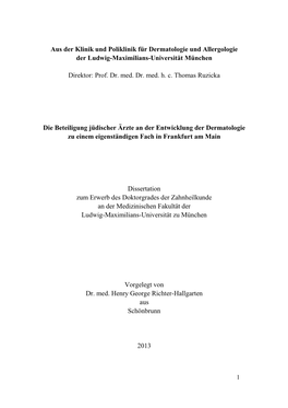 Die Beteiligung Jüdischer Ärzte an Der Entwicklung Der Dermatologie Zu Einem Eigenständigen Fach in Frankfurt Am Main