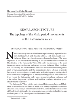 NEWAR ARCHITECTURE the Typology of the Malla Period Monuments of the Kathmandu Valley