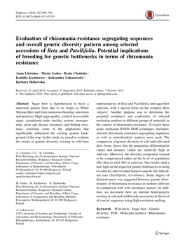 Evaluation of Rhizomania-Resistance Segregating Sequences and Overall Genetic Diversity Pattern Among Selected Accessions of Beta and Patellifolia