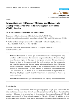 Interactions and Diffusion of Methane and Hydrogen in Microporous Structures: Nuclear Magnetic Resonance (NMR) Studies