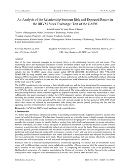 An Analysis of the Relationship Between Risk and Expected Return in the BRVM Stock Exchange: Test of the CAPM