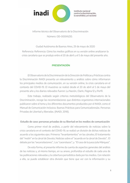 Informe Técnico Del Observatorio De La Discriminación Número: OD-000XX/20. Ciudad Autónoma De Buenos Aires, 29 De Mayo De 20