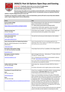 2020/21 Post 16 Options Open Days and Evening